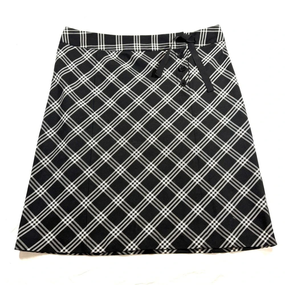 Tommy Hilfiger Women Plaid A-Line Skirt Tie Waist Black White‎ 12 VTG